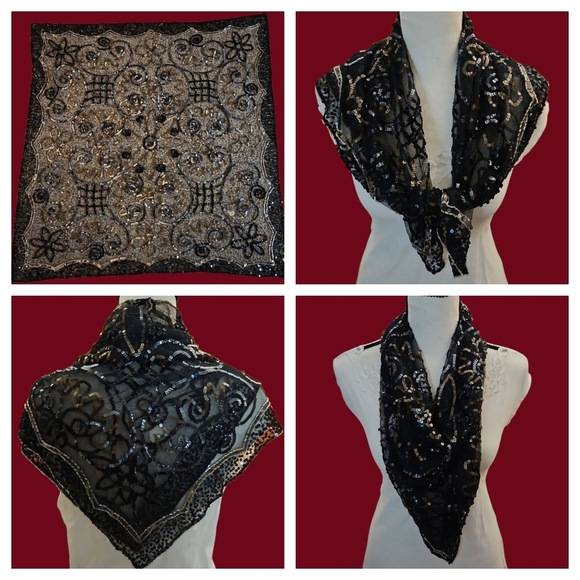 Antique 1920s Art Deco Flapper French Black Tulle Beaded Sequin Shawl - Picture 1 of 16